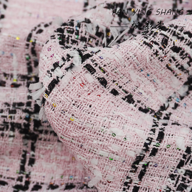 Sewing Tweed - Różowa Klasyczna Duża Krata Kolorowe Cekiny