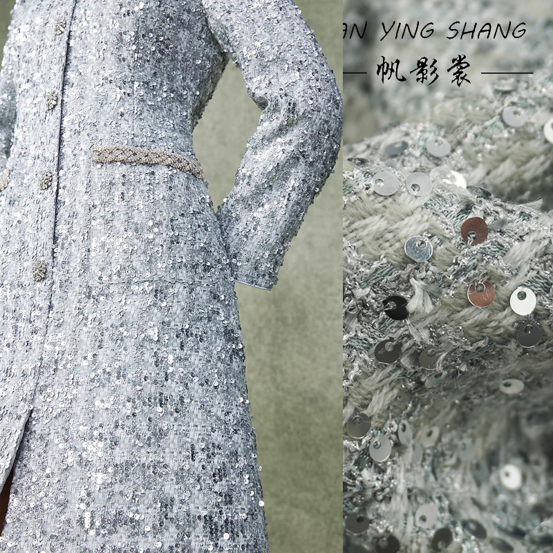 Sewing Tweed - Srebrnoszara tkanina tweedowa z cekinami do