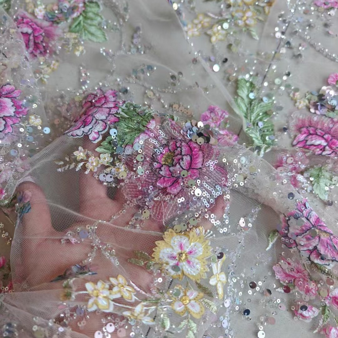 Sewing Embroidery Fabric - Luksusowa koronka z koralikami, szerokość 1M